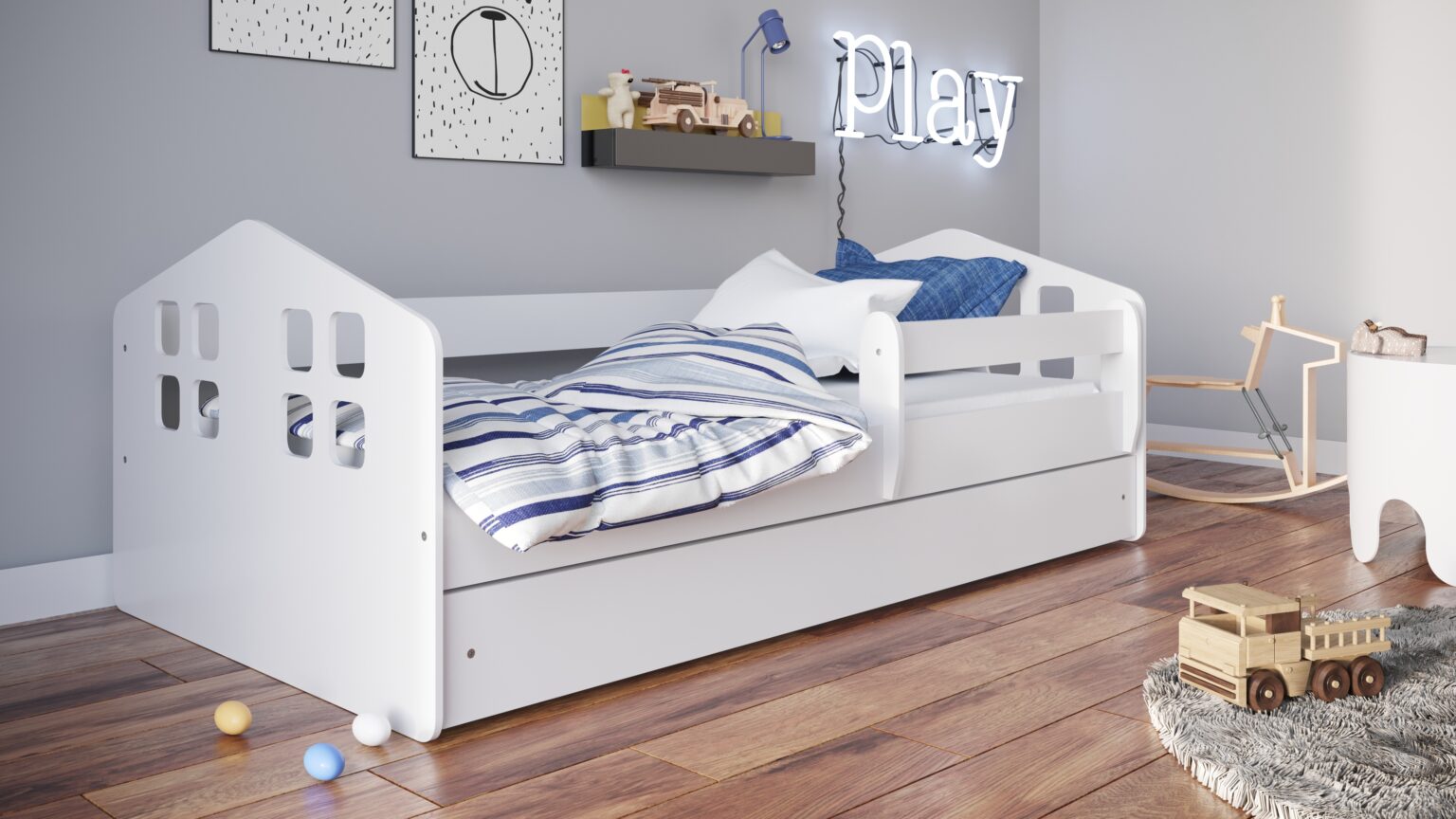 Lit classique NOAH forme maison chambre enfant mixte