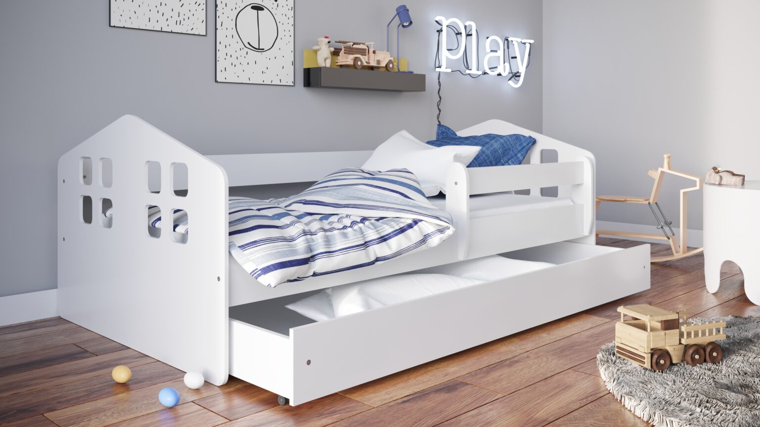 Lit classique NOAH forme maison pour chambre enfant mixte avec tiroir Kamazza