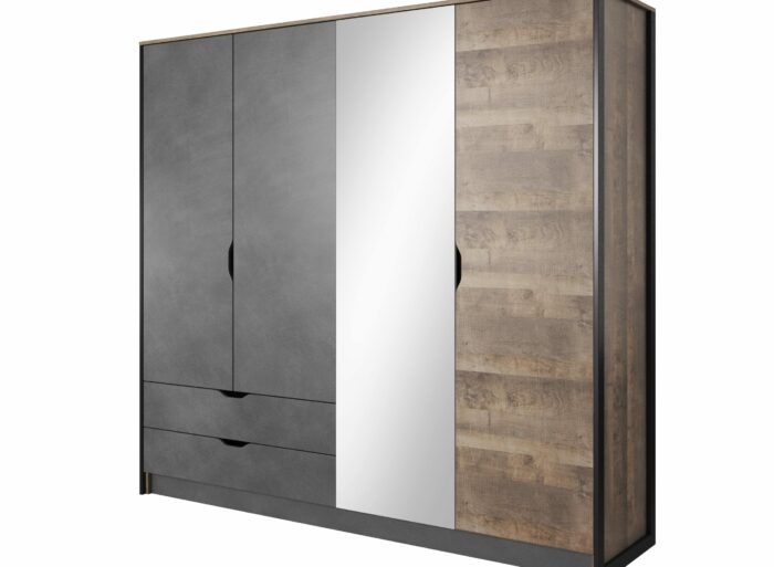 Armoire Chambre double penderie et étagères 4 portes miroir 220cm Gris et Chêne – STOCKHOLM