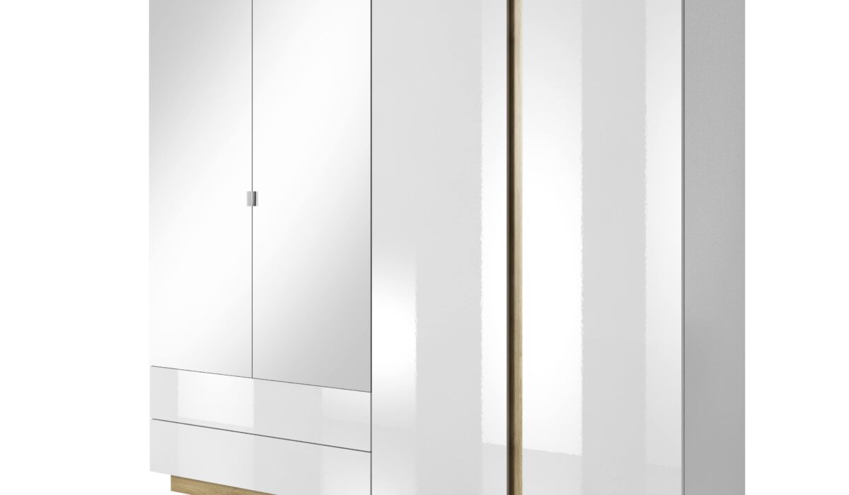 Armoire 200 cm BRYCE Blanc brillant et chêne chambre KAMAZZA