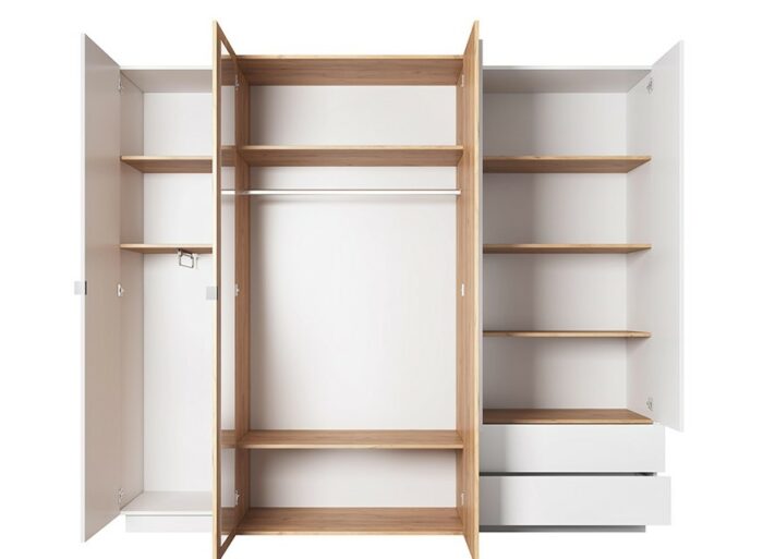 Armoire Chambre double penderie et étagères 4 portes 2 tiroirs 220cm Blanc et Chêne – ALMOSA