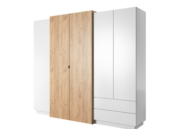 Armoire Chambre double penderie et étagères 4 portes 2 tiroirs 220cm Blanc et Chêne – ALMOSA