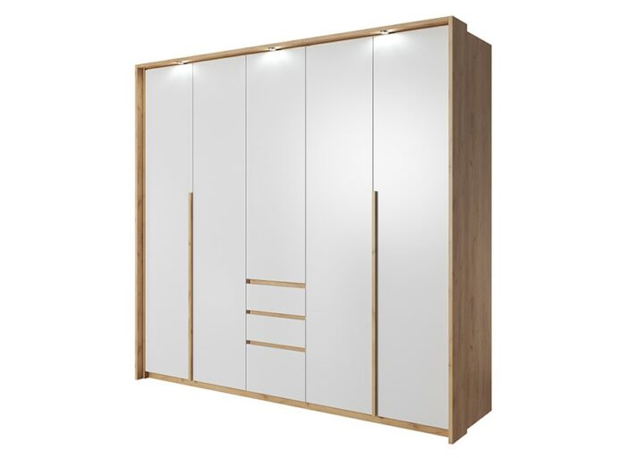 Armoire Chambre double penderie et étagères 2 portes 3 tiroirs 220cm Blanc et Chêne – LYAN