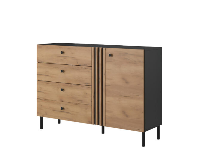 Commode Chambre 4 tiroirs et 1 porte avec pieds et poignées en métal 138cm Chêne et Noir – ALYA