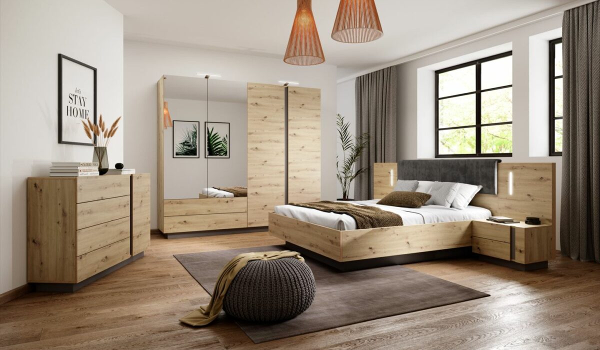 Ensemble chambre BRYCE chêne et gris tendance KAMAZZA