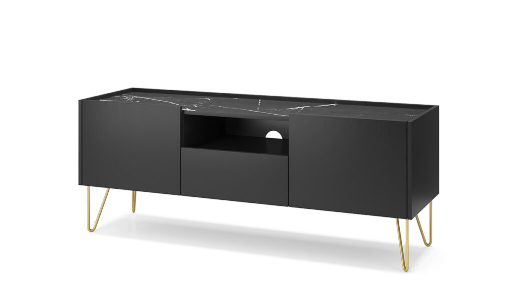 Meuble TV Alicia Kamazza 144 cm : L'harmonie du style et de la fonctionnalité dans votre salon, avec ses deux portes et son tiroir pratique pour un rangement élégant