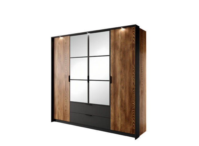 Armoire Chambre penderie et étagères 4 portes 2 tiroirs miroir 220cm Chêne et Noir – LONDON