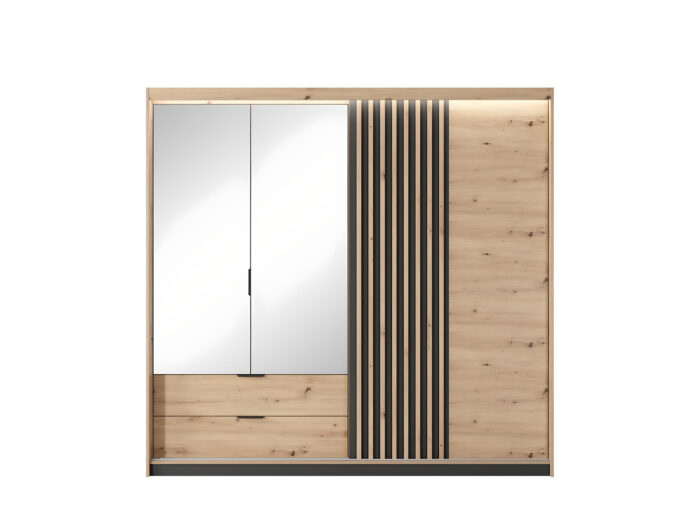 Armoire Chambre double penderie et étagères 3 portes miroir 220cm Chêne et Noir – LYTA