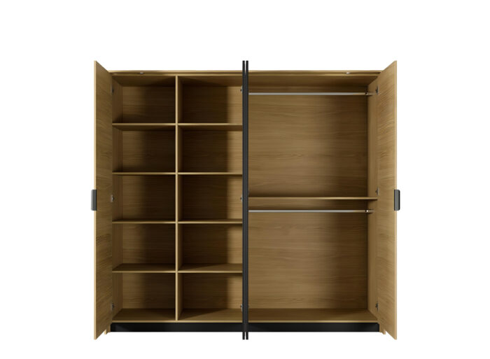 Armoire Chambre penderie et étagères 4 portes miroir 220cm Chêne et Noir  – VINI