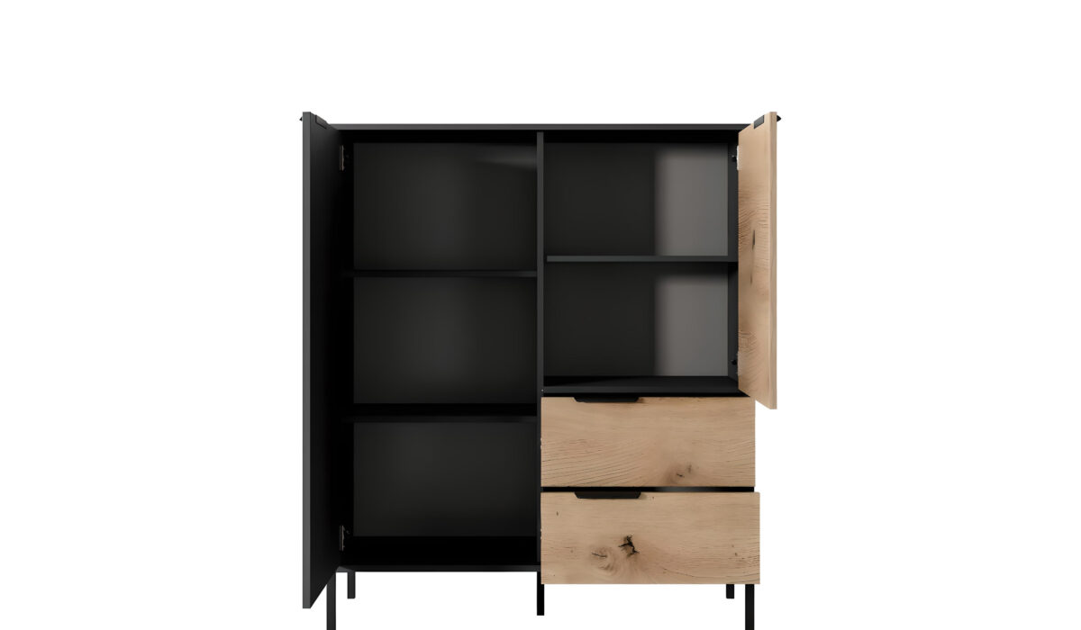 Buffet haut LIEF chêne et noir nombreux rangements fonctionnels KAMAZZA