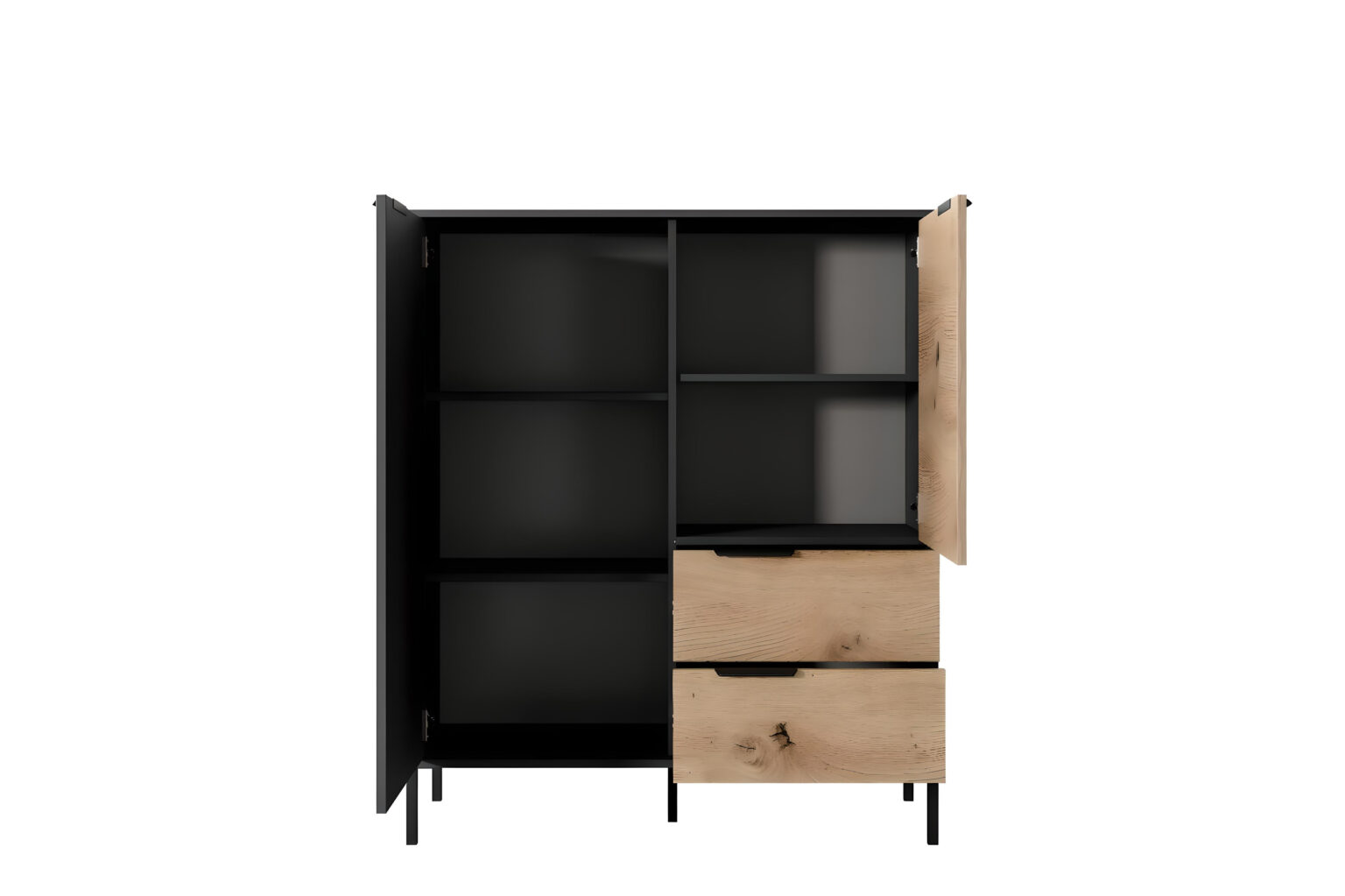 Buffet haut LIEF chêne et noir nombreux rangements fonctionnels KAMAZZA