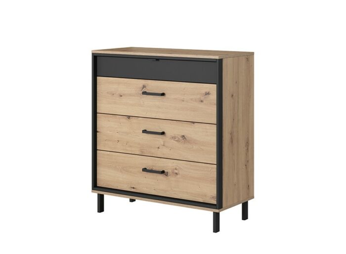 Commode 4 tiroirs pieds et poignées en métal Chêne et Noir 98cm – NOË