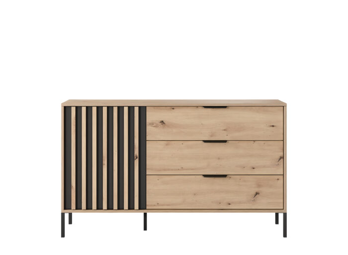 Commode Chambre 3 tiroirs et 1 porte avec pieds et poignées en métal 138cm Chêne et Noir – LYTA