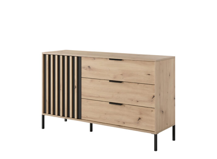 Commode Chambre 3 tiroirs et 1 porte avec pieds et poignées en métal 138cm Chêne et Noir – LYTA