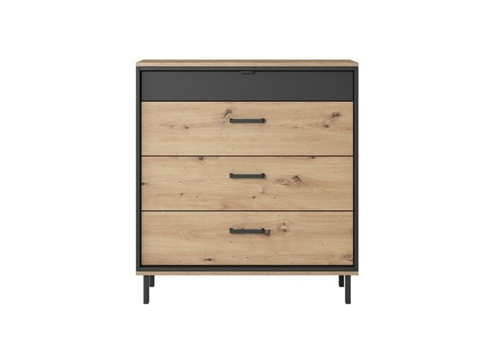 Commode 4 tiroirs pieds et poignées en métal Chêne et Noir 98cm – NOË