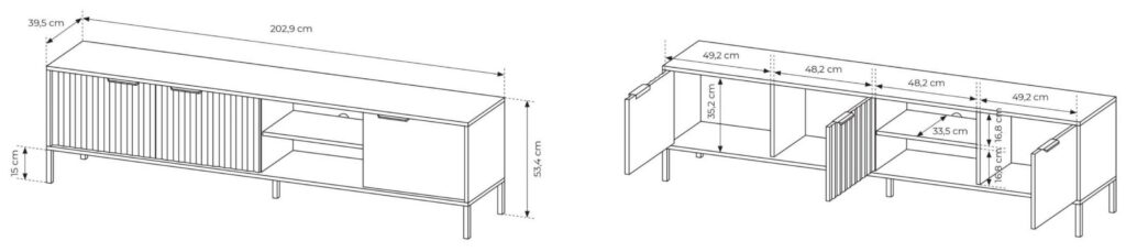 Croquis meuble TV 3 portes 203 cm LIEF KAMAZZA