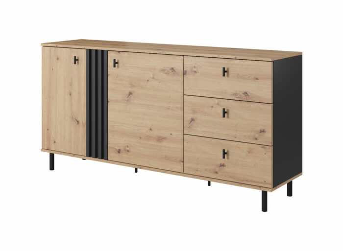 Buffet bas 170cm 2 portes 3 tiroirs pieds métal Noir et Chêne – DUSTY