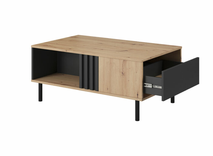 Table basse avec un tiroirs pieds métal Noir et Chêne – DUSTY