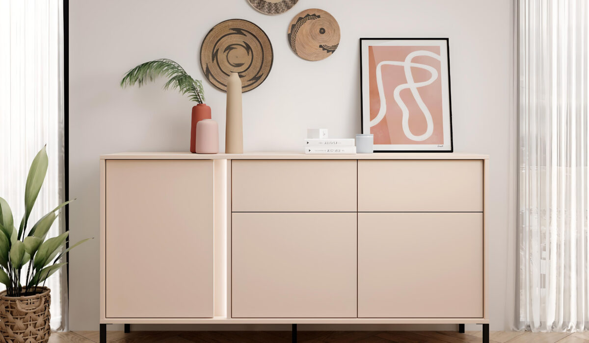 Séjour tendance avec le buffet 3 portes 2 tiroirs LIXIA beige