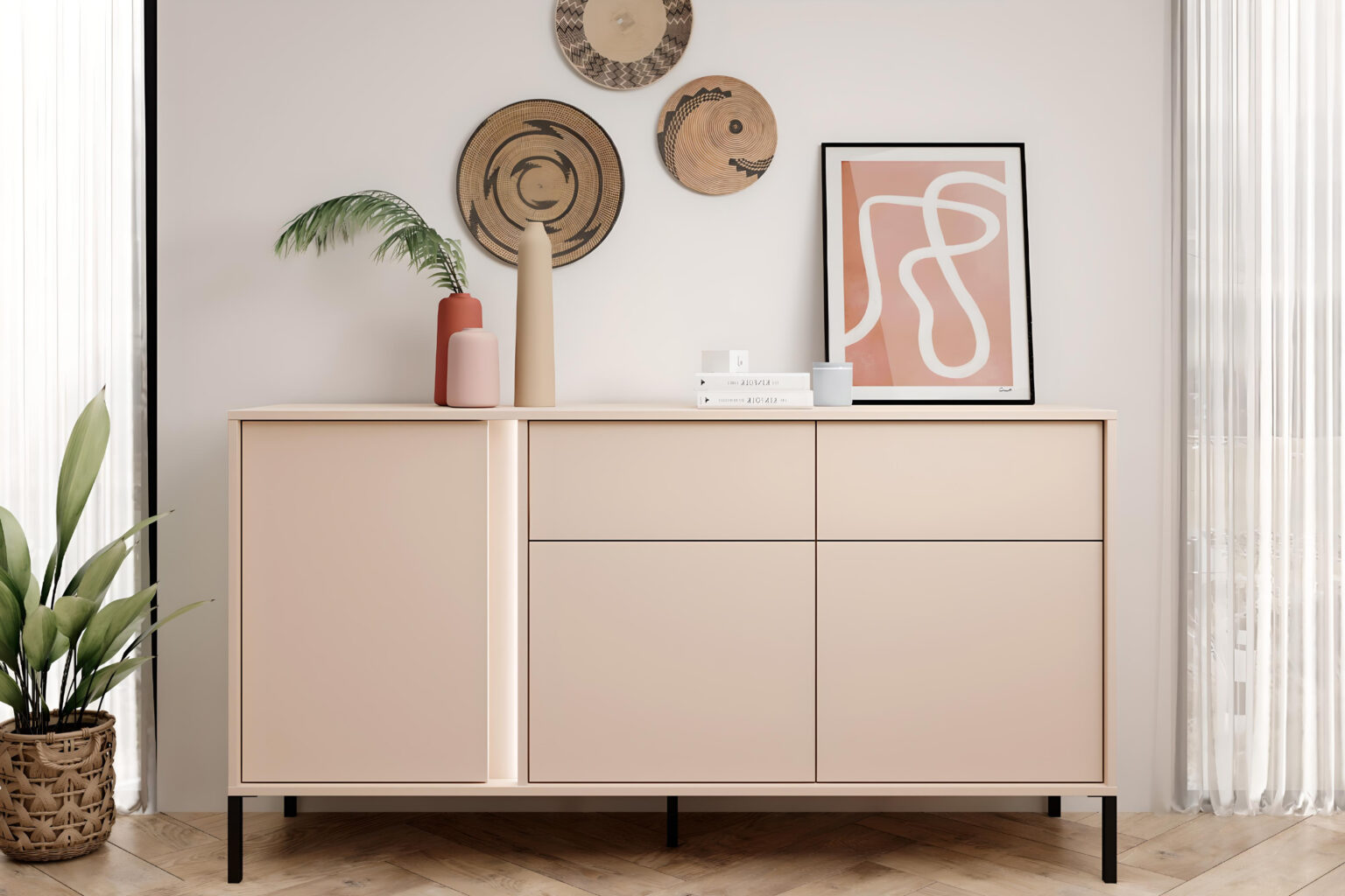 Séjour tendance avec le buffet 3 portes 2 tiroirs LIXIA beige