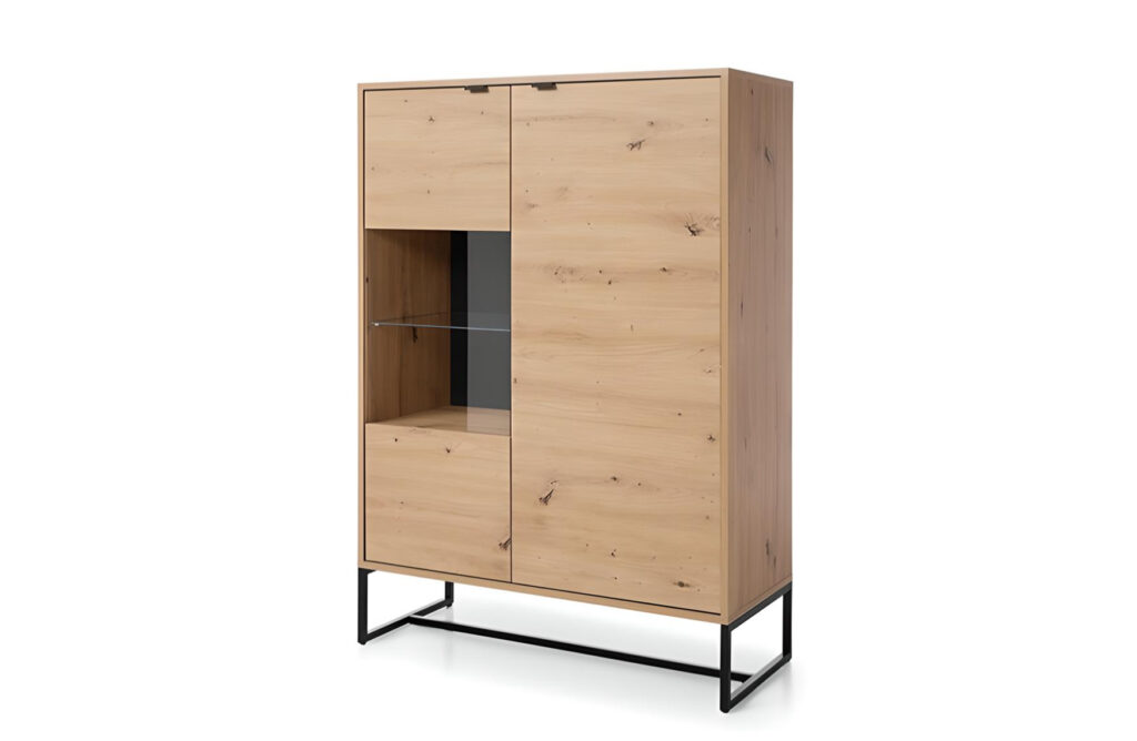 Vitrine basse 2 portes Chêne pieds métal Noir 90 cm - CELINE