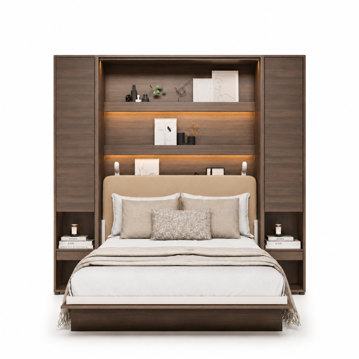Armoire lit avec tête de lit beige rembourrée KAMAZZA