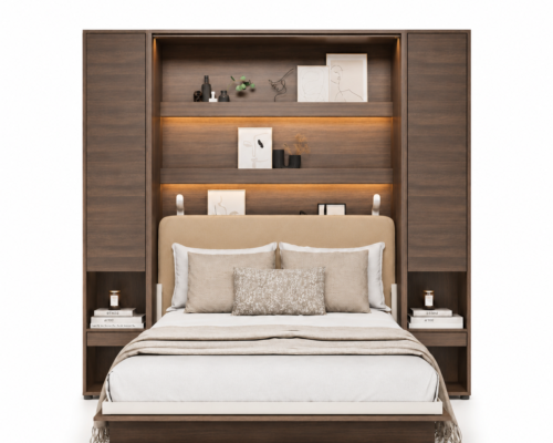 Armoire lit avec tête de lit beige rembourrée KAMAZZA