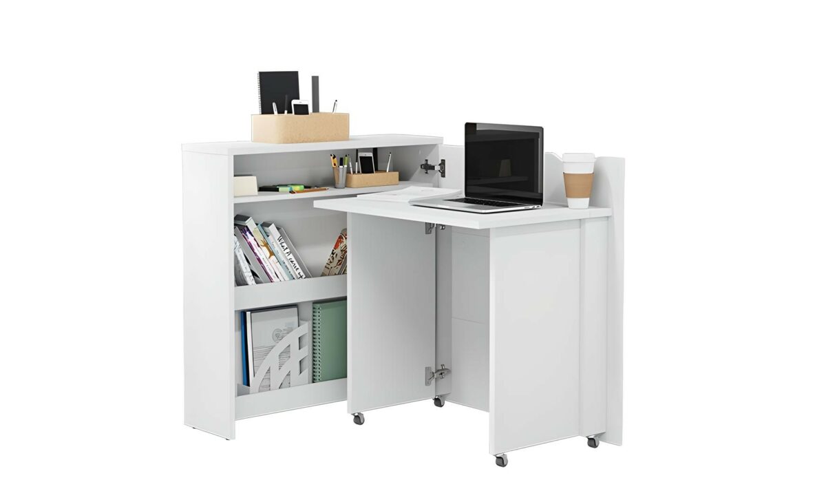 Bureau escamotable EASY 90 cm blanc brillant – Ouverture à droite – Espace optimisé