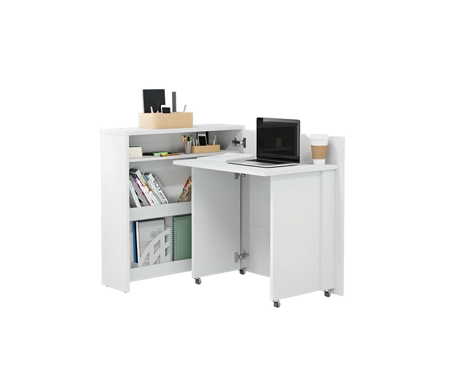 Bureau escamotable EASY 90 cm blanc brillant – Ouverture à droite – Espace optimisé