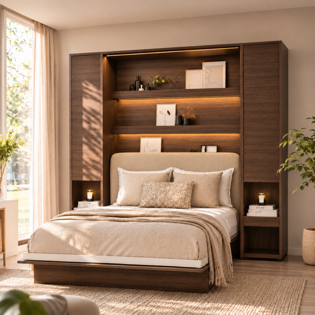 Lit escamotable 160x200 avec tete de lit beige kamazza