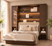 Lit escamotable 160x200 avec tete de lit beige KAMAZZA