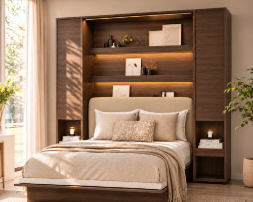 Lit escamotable 160x200 avec tete de lit beige KAMAZZA