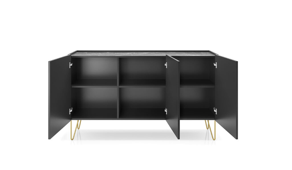 Design minimaliste, impact maximal : Buffet Alicia Kamazza 144 cm avec ses trois portes épurées et ses pieds métalliques dorés, la pièce maîtresse de tout intérieur moderne.