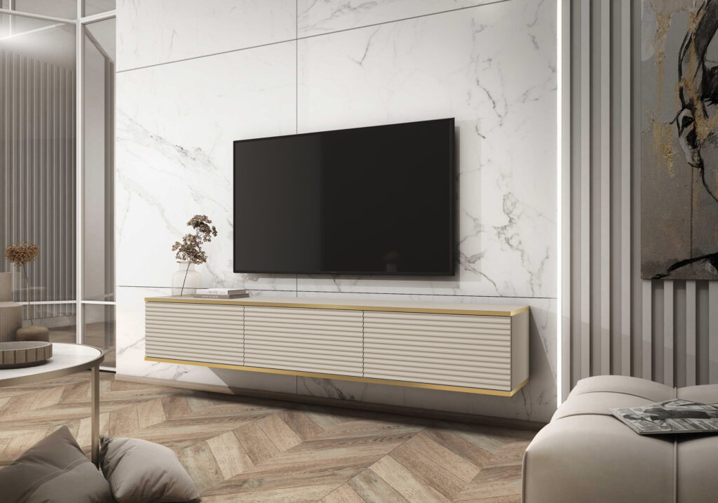 Épurez votre espace de vie avec le meuble TV ALBA de Kamazza, où design contemporain et finitions impeccables s'unissent pour une touche de modernité.