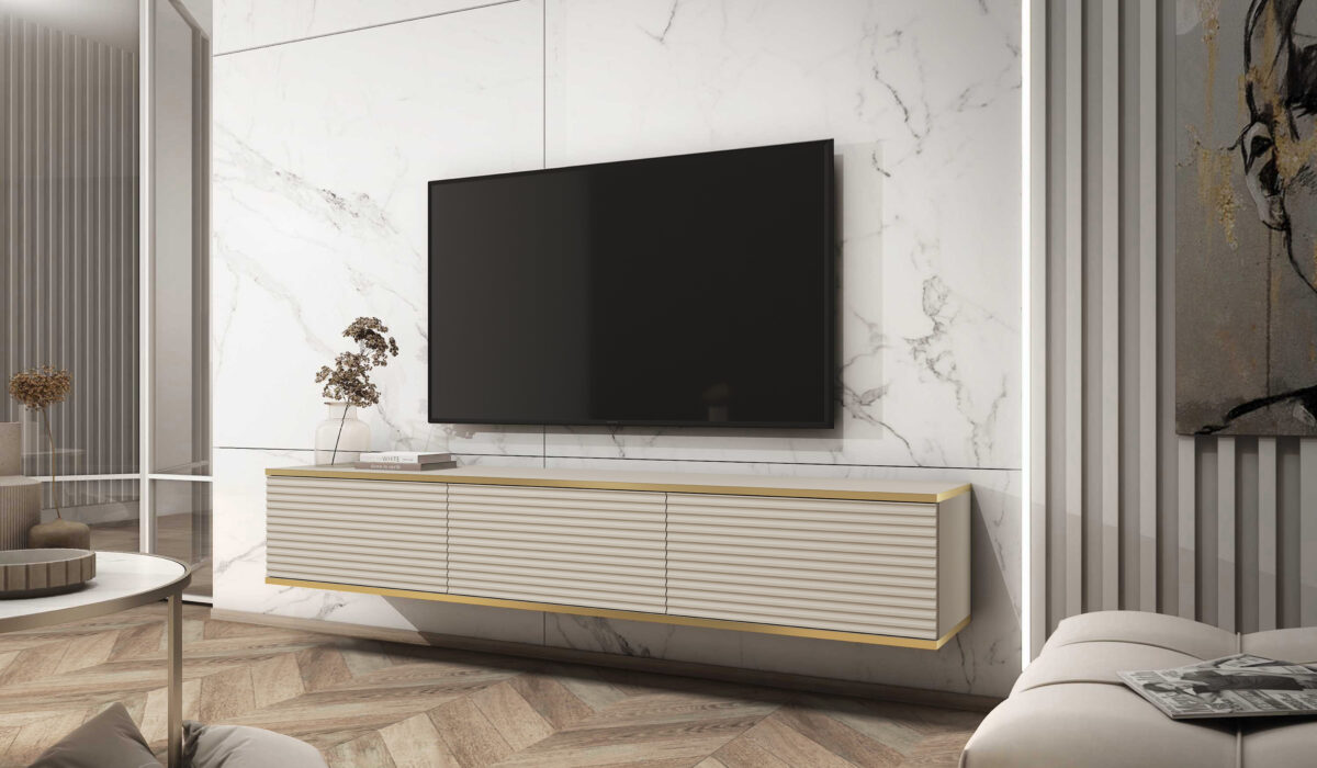 Épurez votre espace de vie avec le meuble TV ALBA de Kamazza, où design contemporain et finitions impeccables s'unissent pour une touche de modernité.