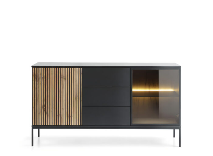 Buffet 2 portes 3 tiroirs avec LED Chêne et Noir 155 cm – MAEL