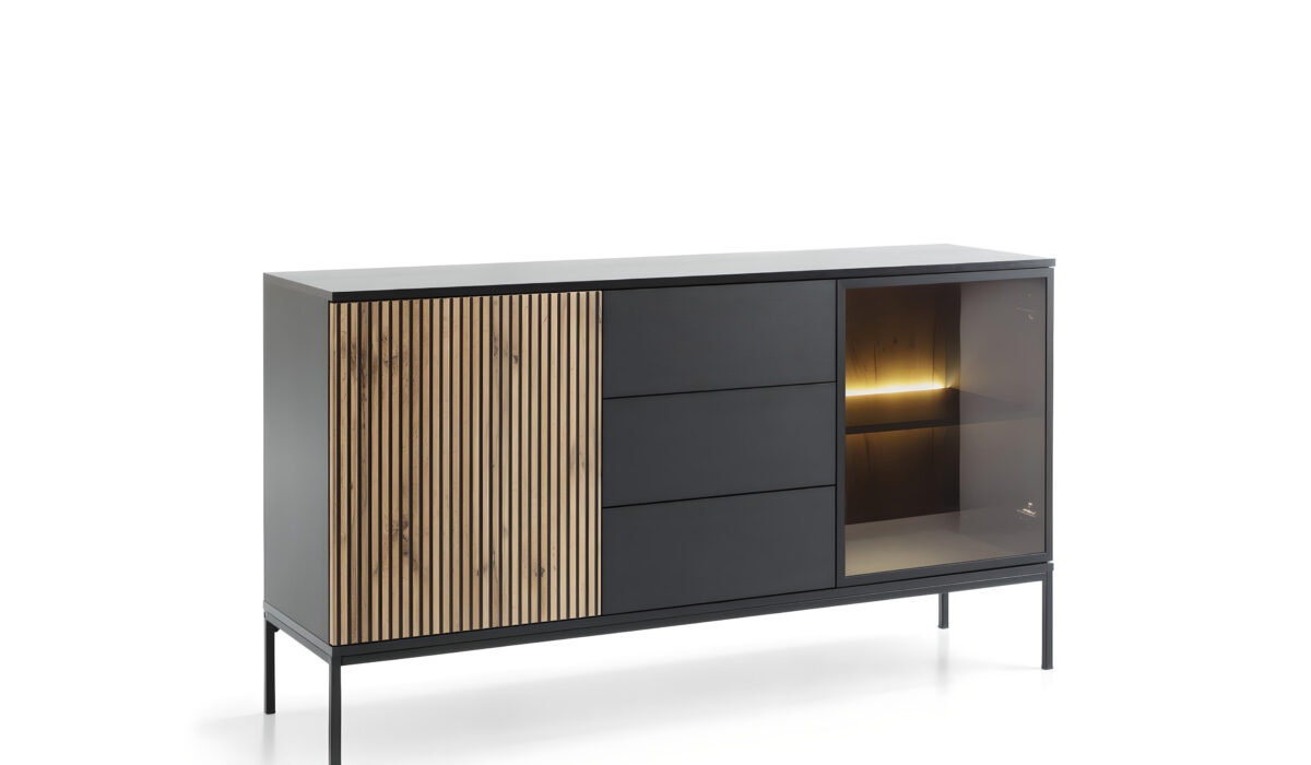 Élégance lumineuse Buffet MAEL avec LEDs, alliant design moderne et rangement astucieux