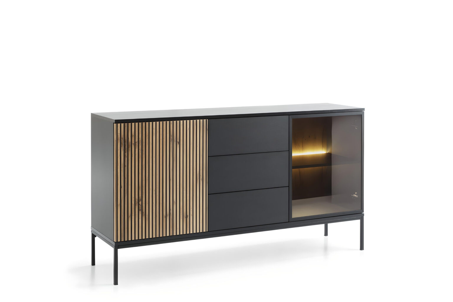 Élégance lumineuse Buffet MAEL avec LEDs, alliant design moderne et rangement astucieux