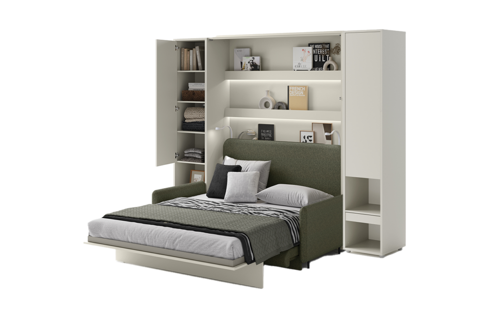 Lit escamotable vertical canapé vert - beige ouvert