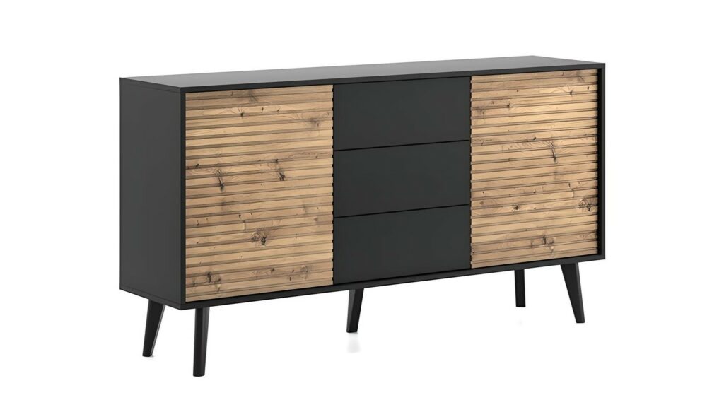 Buffet 3 tiroirs 2 portes ISAAC couleur bois et noir mat