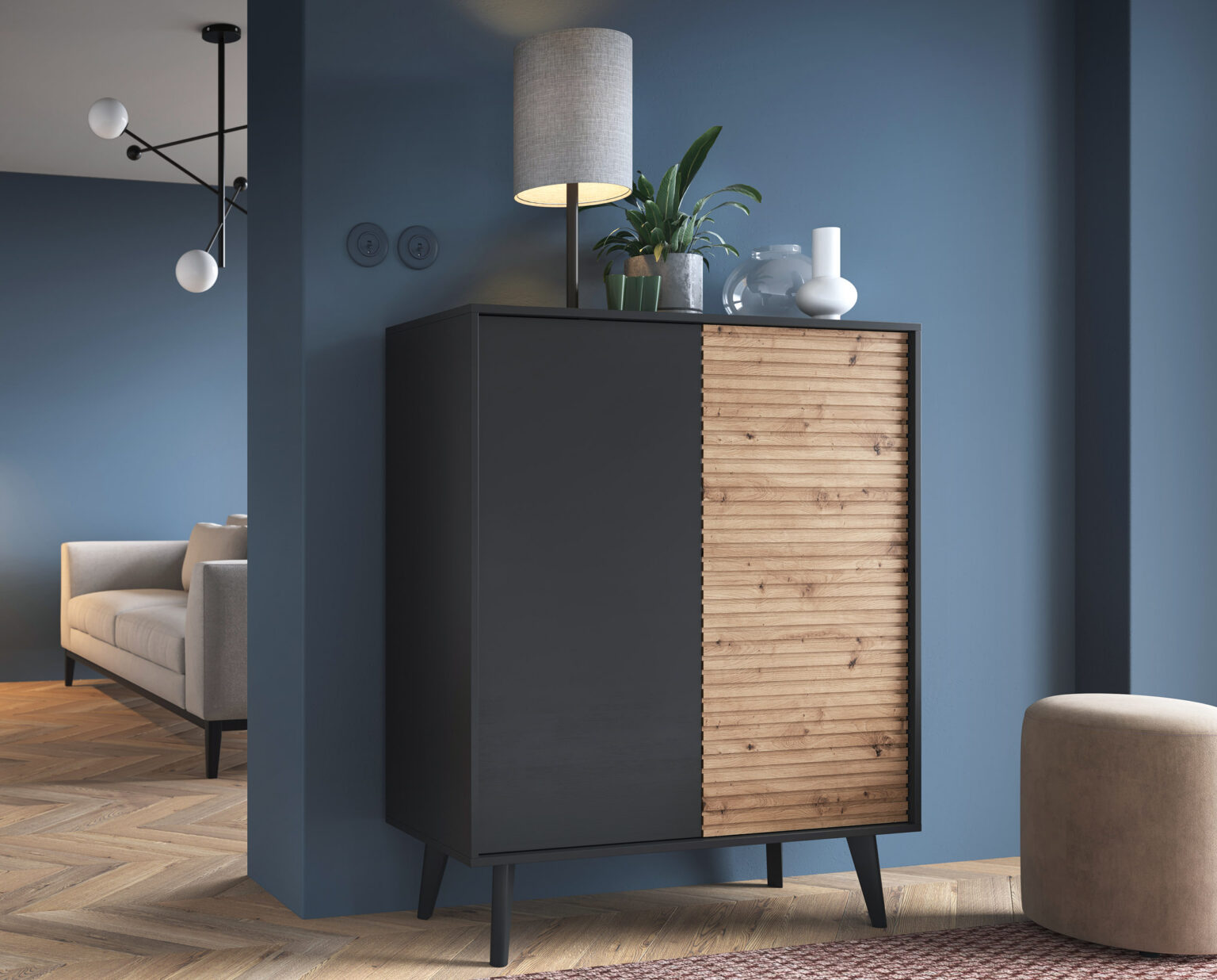 Design Bicolore Buffet Haut ISAAC avec Deux Portes, Allure Industrielle Chic