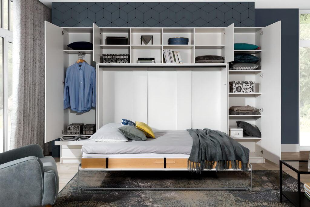 Lit escamotable horizontal avec rangements ZEN Blanc mat 140 x 200 cm