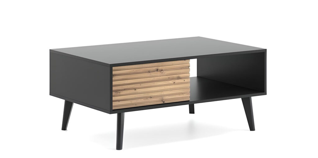 Table basse ISAAC avec tiroir et niche couleur bois et noir mat