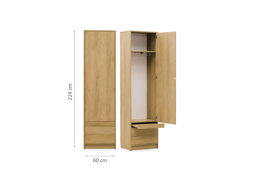 Armoire gauche penderie avec tiroirs et chevet intégré bois