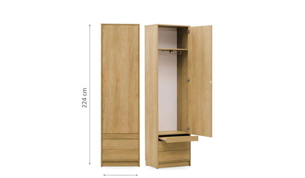 Armoire gauche penderie avec tiroirs et chevet intégré bois