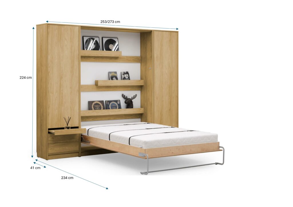 KAMAZZA Lit escamotable vertical avec 2 armoires et 1 table de chevet mécanisme d’ouverture à ressort- COZY