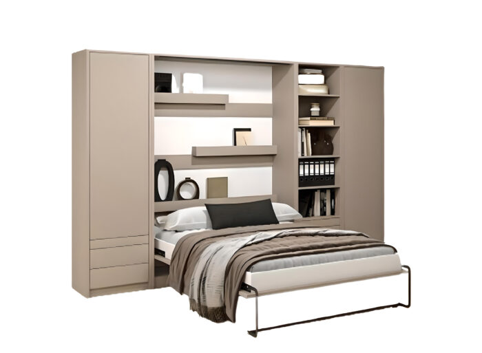 Lit escamotable vertical avec 2 armoires 1 bibliothèque et 2 tables de chevet ouverture pneumatique – LOLITA