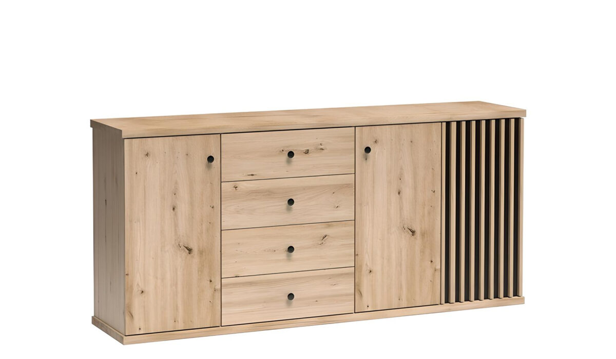 Buffet 3 portes 4 tiroirs avec étagères Chêne et Noir 185 cm - ZEBRA