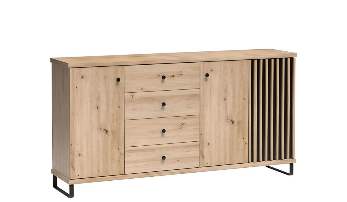 Buffet 3 portes 4 tiroirs avec étagères et pieds métal Chêne et Noir 185 cm – ZEBRA