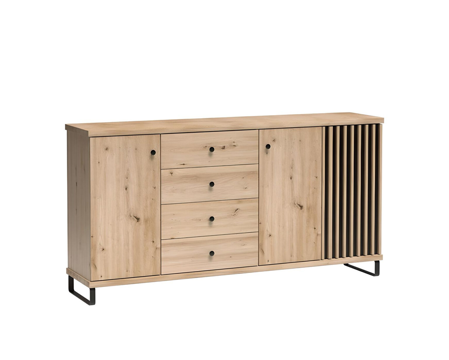 Buffet 3 portes 4 tiroirs avec étagères et pieds métal Chêne et Noir 185 cm – ZEBRA